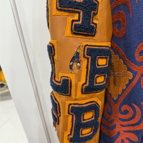 Free People Out Of Your League Bomber Jacket Patches Embroidered Blue Gold Tan - Picture 11 of 12